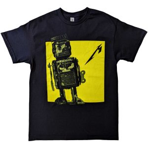 Svart t-shirt med gult tryck av en robott. Metalliica logga på framsidan.