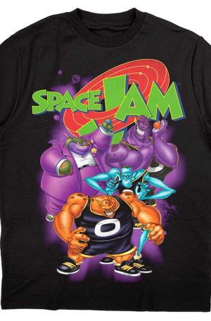 Space Jam Monstars Homage T-Shirt. Svart med färgglatt tryck med figurer.